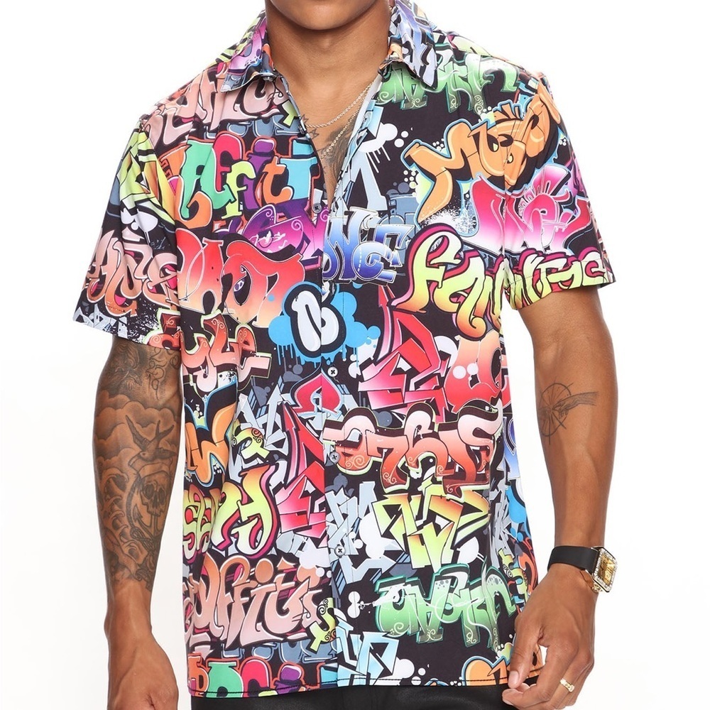 Fresh Prince Of Bel-Air Mens Button Front Shirt Multicolor Graffiti Medium